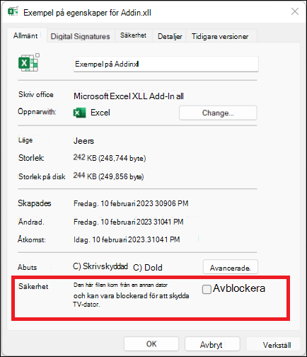 Dialogrutan Filegenskaper för en Excel-fil med säkerhetsavsnittet för att häva blockeringen av en XLL-fil.