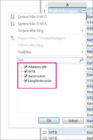 Filtrera genom att markera objekt i en lista