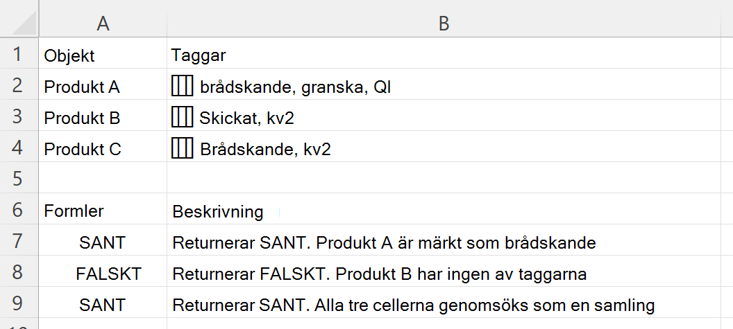 Använda HASANY för att kontrollera om en cell som innehåller en kapslad matris med taggar innehåller någon av de valda taggarna