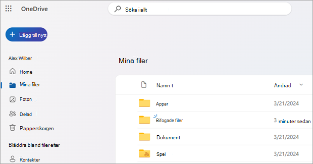 Skärmbild som visar OneDrive på webben.