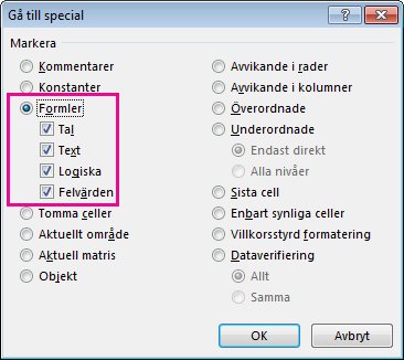 Alternativ för sökning efter formler i rutan Gå till Special