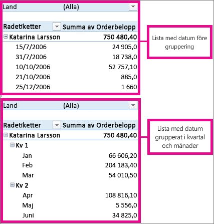 Datum som grupperats efter månader och kvartal