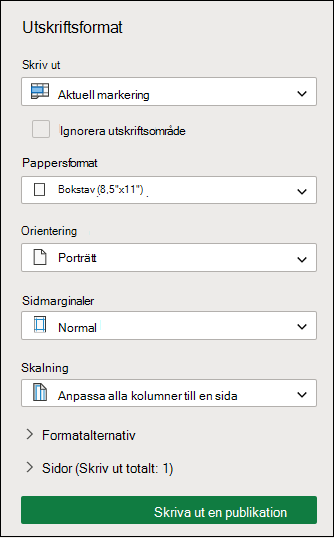 Skriva ut aktuell markering i Excel för webben
