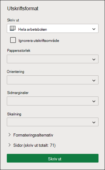 Skriva ut hela arbetsboken i Excel för webben