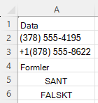 Använda REGEXTEST för att kontrollera om telefonnummer har en specifik syntax, med mönstret ^\([0-9]{3}\) [0-9]{3}-[0-9]{4}$
