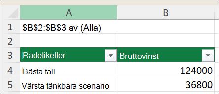 Skärmbild som visar pivottabellrapporten för scenariot.