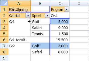 Exempel på att markera alla instanser för en post i en pivottabell