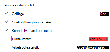 Skärmbild som visar alternativet Aktivera bladen i statusfältet.