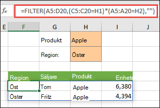 Använd FILTER med multiplikationsoperatorn (*) för att returnera alla värden i vårt matrisområde (A5:D20) som innehåller äpplen OCH som hör till regionen öst.