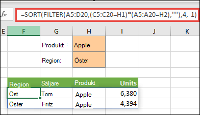 Använd FILTER med SORTERA-funktionen för att returnera alla värden i vårt matrisområde (A5:D20) som innehåller äpplen OCH som hör till regionen öst, och sortera sedan enheterna i fallande ordning.