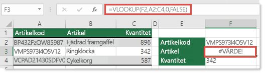 Skärmdump som visar #VALUE! visas när col_index_argument är mindre än 1