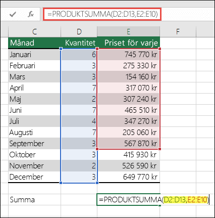 PRODUKTSUMMA-formeln som orsakar felet är =SUMPRODUCT(D2:D13,E2:E10) – E10 måste ändras till E13 för att matcha det första intervallet.