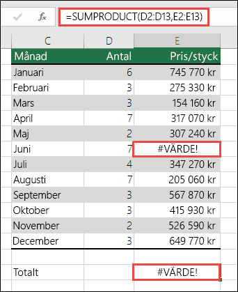 Formeln i cell E15 visar ett #VÄRDEFEL!-fel eftersom det finns ett #VÄRDEFEL!-fel i kolumnen E.