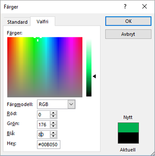 Visar anpassade färger