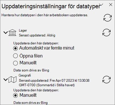 Fönstret Uppdateringsinställningar för datatyper.
