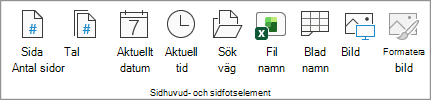 Skärmbild som visar sidhuvud- och sidfotselement.