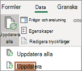 Mus som pekar på kommandot Uppdatera i menyfliksområdet