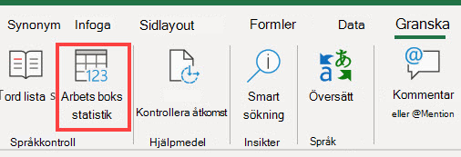 Kommandot Arbetsboksstatistik i menyfliksområdet i Excel