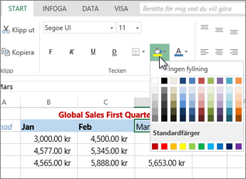knappen Fyll och alternativen på menyfliken