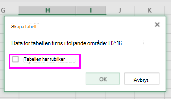 Dialogrutan för att konvertera dataområde till en tabell