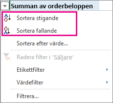 Stigande och Fallande sorteringsalternativ
