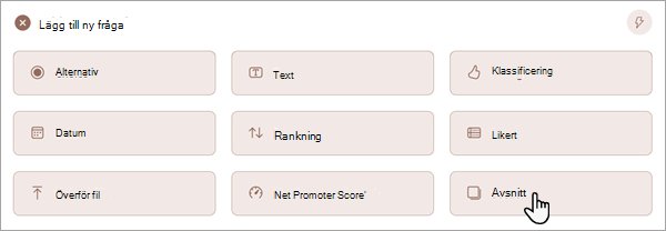 Skärmbild som visar hur du kan lägga till ett nytt avsnitt i formuläret eller testet.