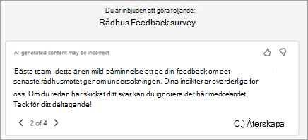Copilot genererar automatiskt en föreslagen inbjudningstext. Du kan redigera texten här eller välja Skriv om med Copilot för att be den att generera en ny version.