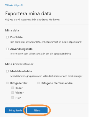 Fönstret Exportera mina data i GroupMe med knappen Nästa markerad