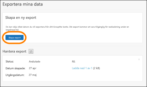 Fönstret Skapa en ny export i GroupMe