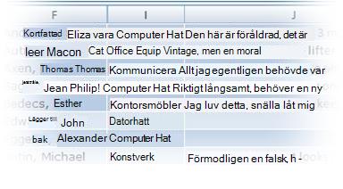Importerade tillgångsposter i en Excel-tabell