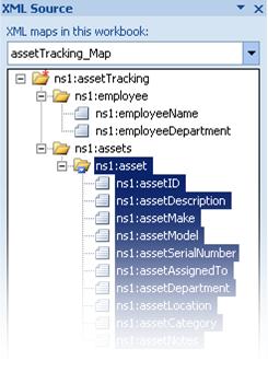 Fönstret Excel-XML-källa med noden ns1:asset markerad