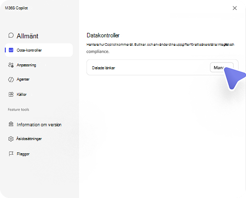 Inställningar för Copilot-datakontroller som visar alternativet Delade länkar med knappen Hantera markerad.