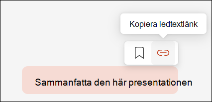 Visar en Copilot-prompt, där markören hovrar över den och visar en liten meny längst upp till höger som innehåller knappen för Kopiera ledtextlänk.