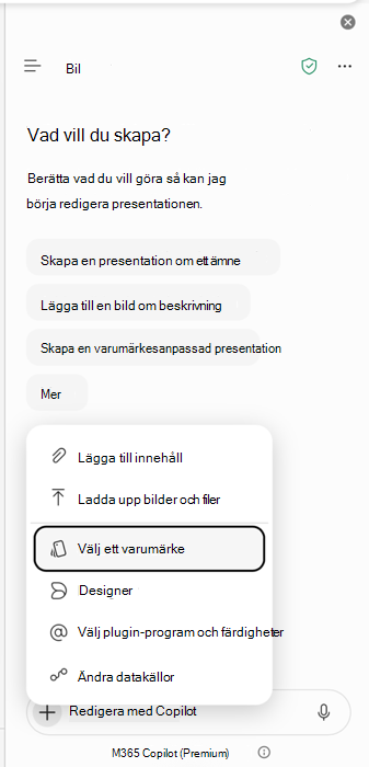 Skärmbild som visar startpunkten Välj varumärke i PowerPoint Copilot.