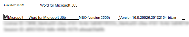 Skärmbild som visar Word version, version och bitversion.