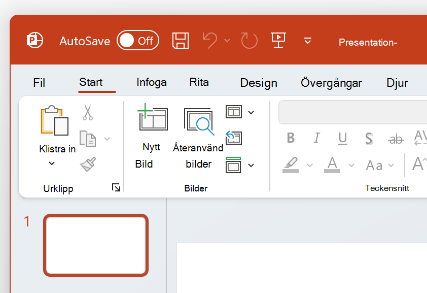 En skärmbild av det övre vänstra hörnet av PowerPoint i temat Färg.