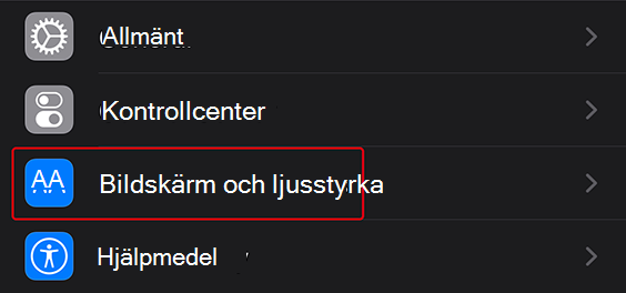 iOS-inställningar med Display & Ljusstyrka markerad