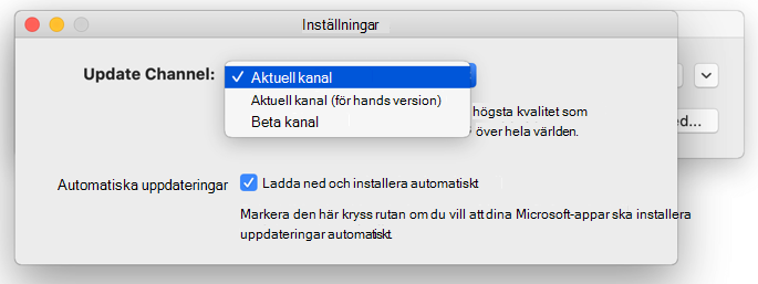 Bild av Microsoft AutoUpdate för Mac –> fönstret Inställningar som visar alternativ för uppdateringskanaler.
