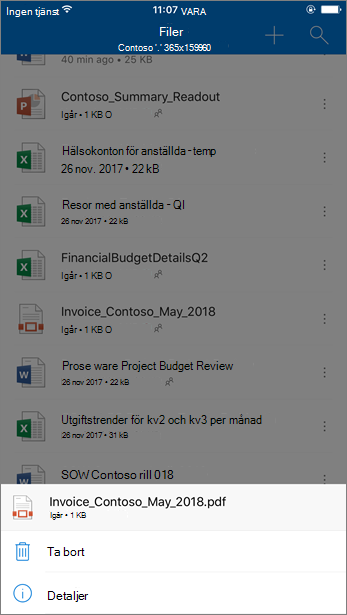 Skärmbild av hur du tar bort en blockerad fil från OneDrive för företag från OneDrive-mobilappen