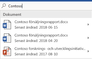 Sökrutan Berätta visar en lista över de filer som hittats
