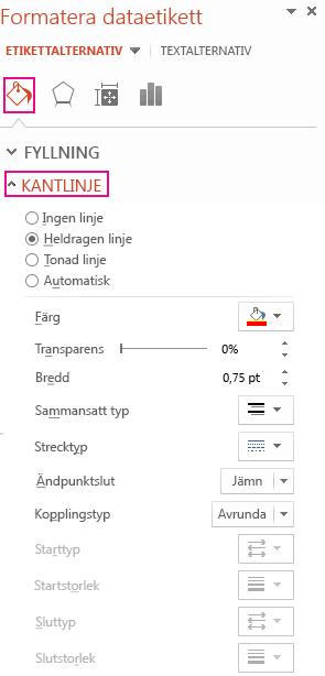 Fliken Fyllning och linje i åtgärdsfönstret Formatera dataetiketter