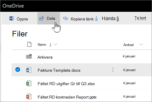 OneDrive med markerad fil och knappen Dela som trycks ned