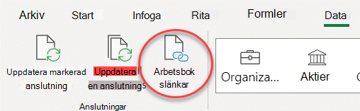 Kommandot Arbetsbokslänkar i menyfliksområdet