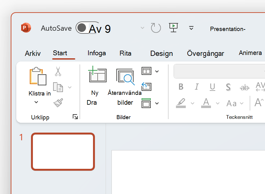 En skärmbild av det övre vänstra hörnet av temat PowerPoint i vitt.