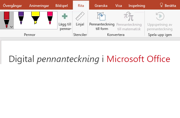Hello skrivs på PowerPoint-arbetsytan med digitala pennanteckningar.