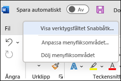 Bild av alternativ för att visa verktygsfältet Snabbåtkomst