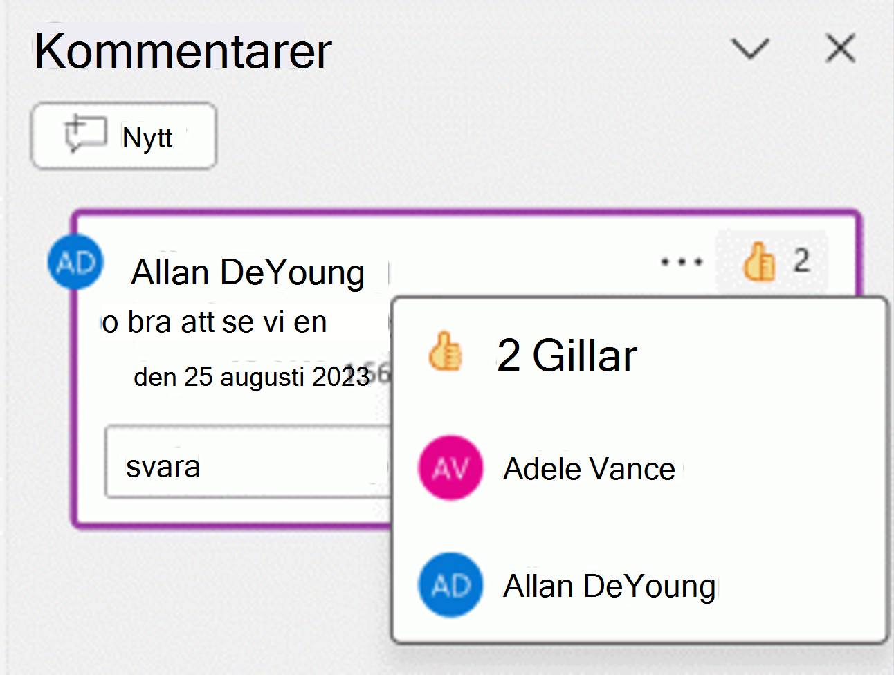 Skärmbild av en tummen upp-reaktion på en kommentar
