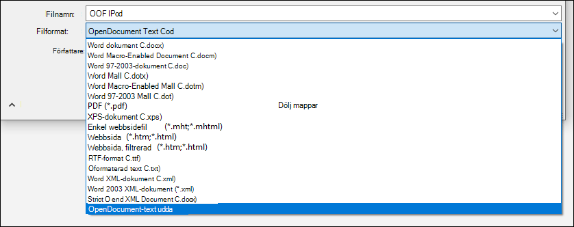 Lista över filformat från Word med ODT-filformat markerat
