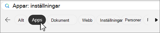 Skärmbild av filterflikar för Windows Search.