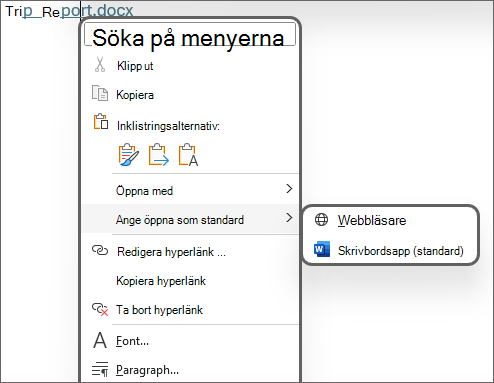 Bild av alternativen för Ange öppen som standard som antingen Webbläsare eller Skrivbordsapp (standard).